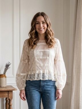 Anthropologie style UltraPink Boho embroidery balloon sleeve Sheer Blouse Medium